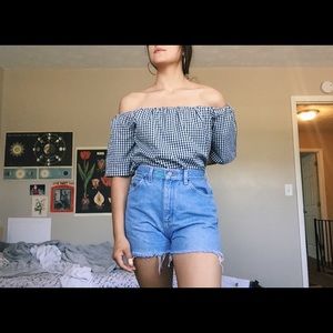 off-shoulder gingham top